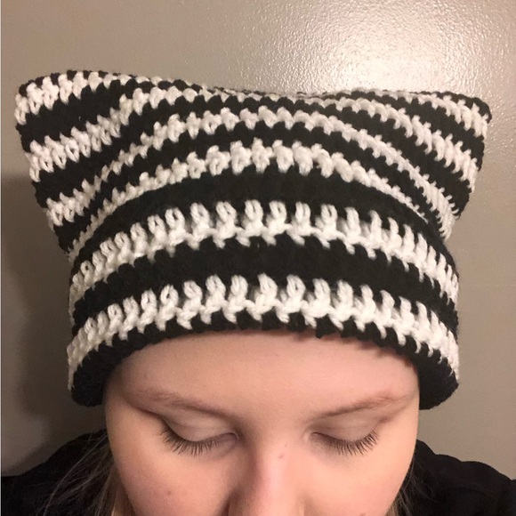 Black and White Crochet Cat Ear Beanie - Picture 4 of 4